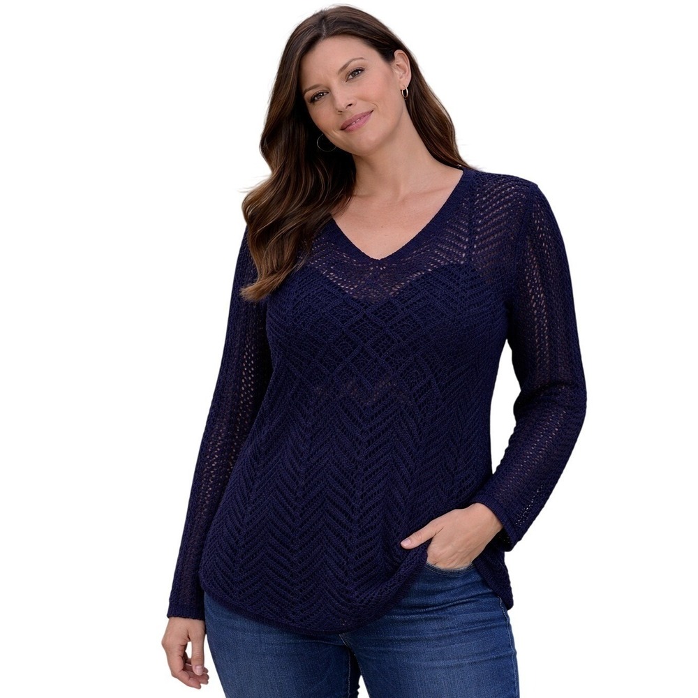 Laura Scott Women's Knit Sweater Top Size L Navy Blue Long Sleeve Sheer